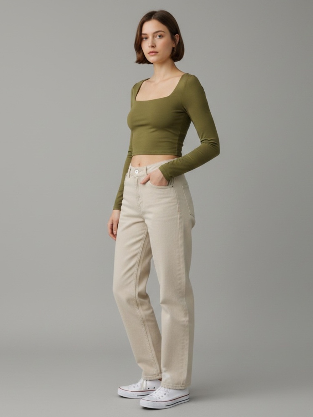 Babaton Olive Square-Neck Cropped Long Sleeve Top size Medium